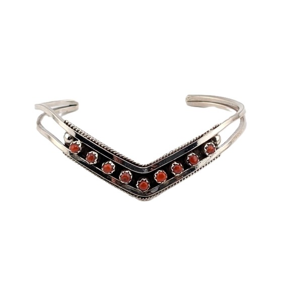 Zuni Sterling Silver & Coral Dots Chevron Cuff Bracelet Size 6.5 in. Jewelry **